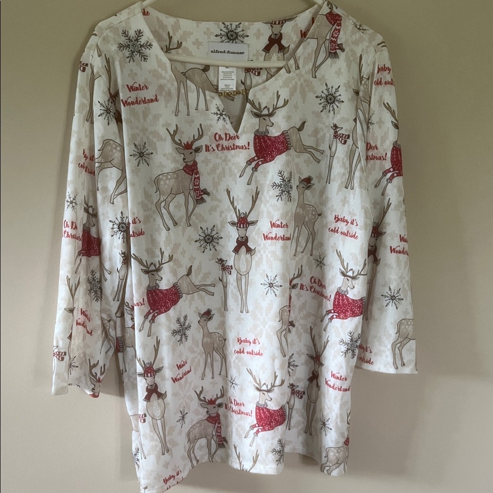 Alfred Dunner Festive Reindeer Blouse - Red and Cream